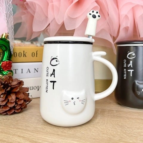 Ly Sứ Màu Hình Chú Mèo Trắng Đen Siêu Dễ Thương